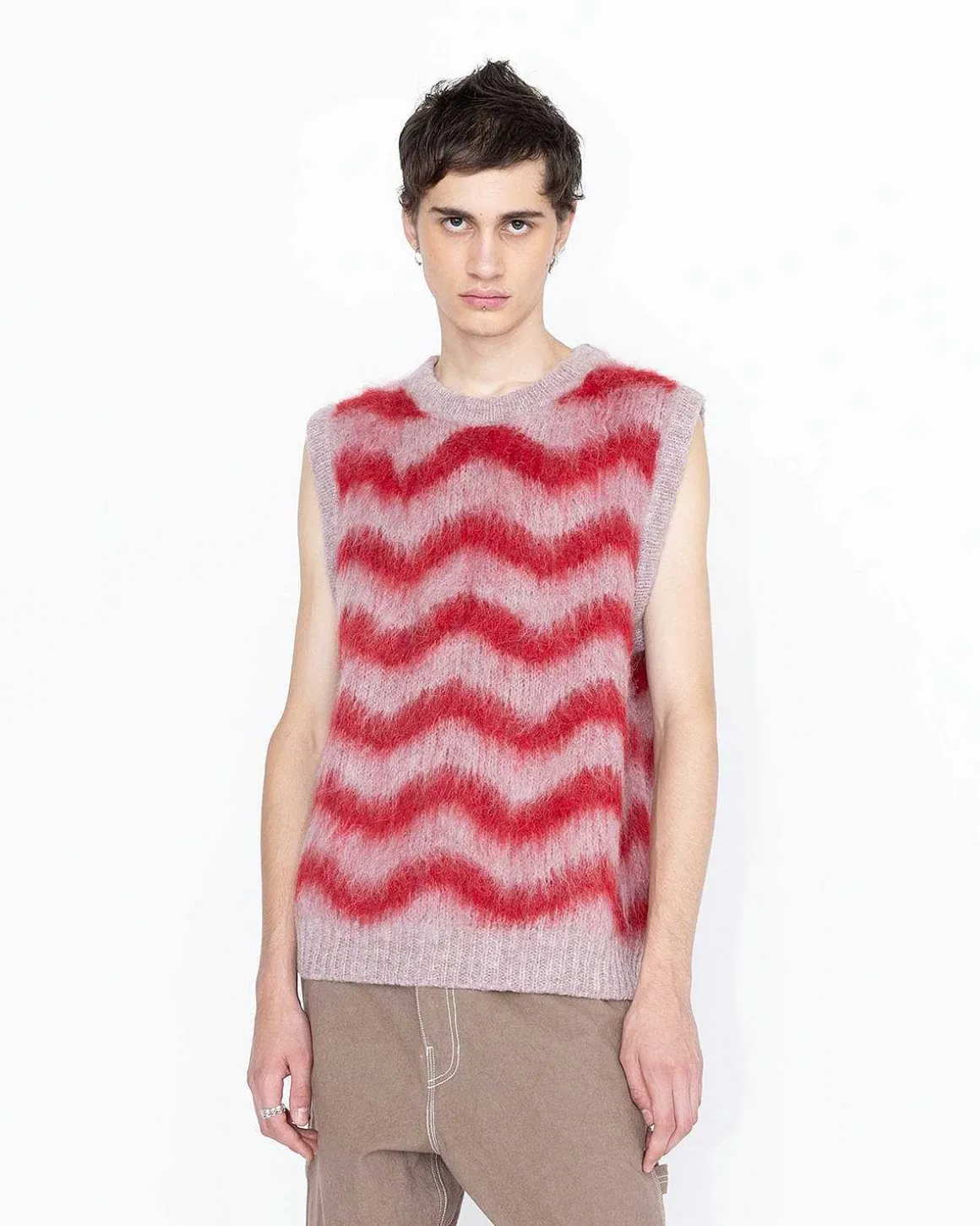 Alpaca Fuzzy Wave Sweater Vest Pale Rose/Red