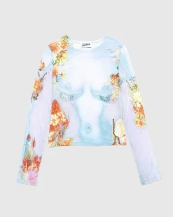 Body Flower-Print Mesh Top Bla