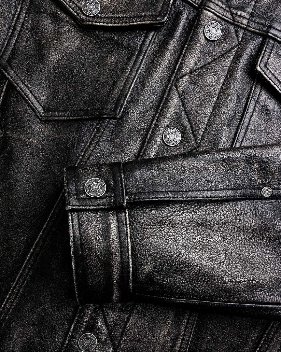 Gusa Distressed Leather Trucker Jet Black Multi