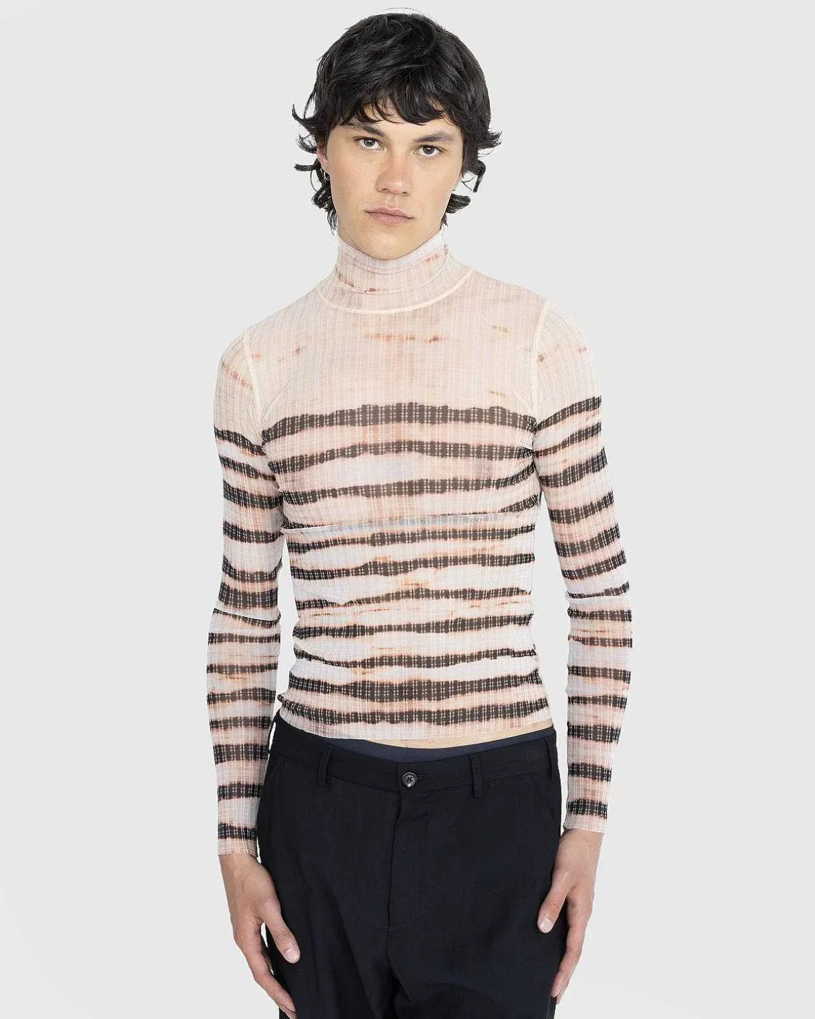 Hojhalset Langaermet Printet Stribet Top Ecru/Brun