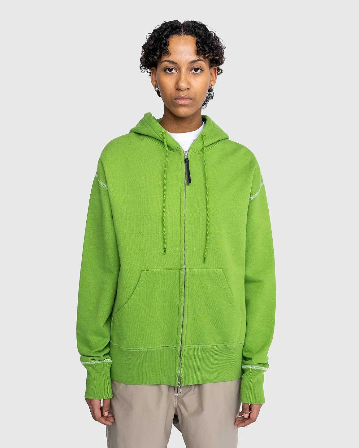 Kontrastsom Fleece-Haettetroje Med Lynlas, Gron