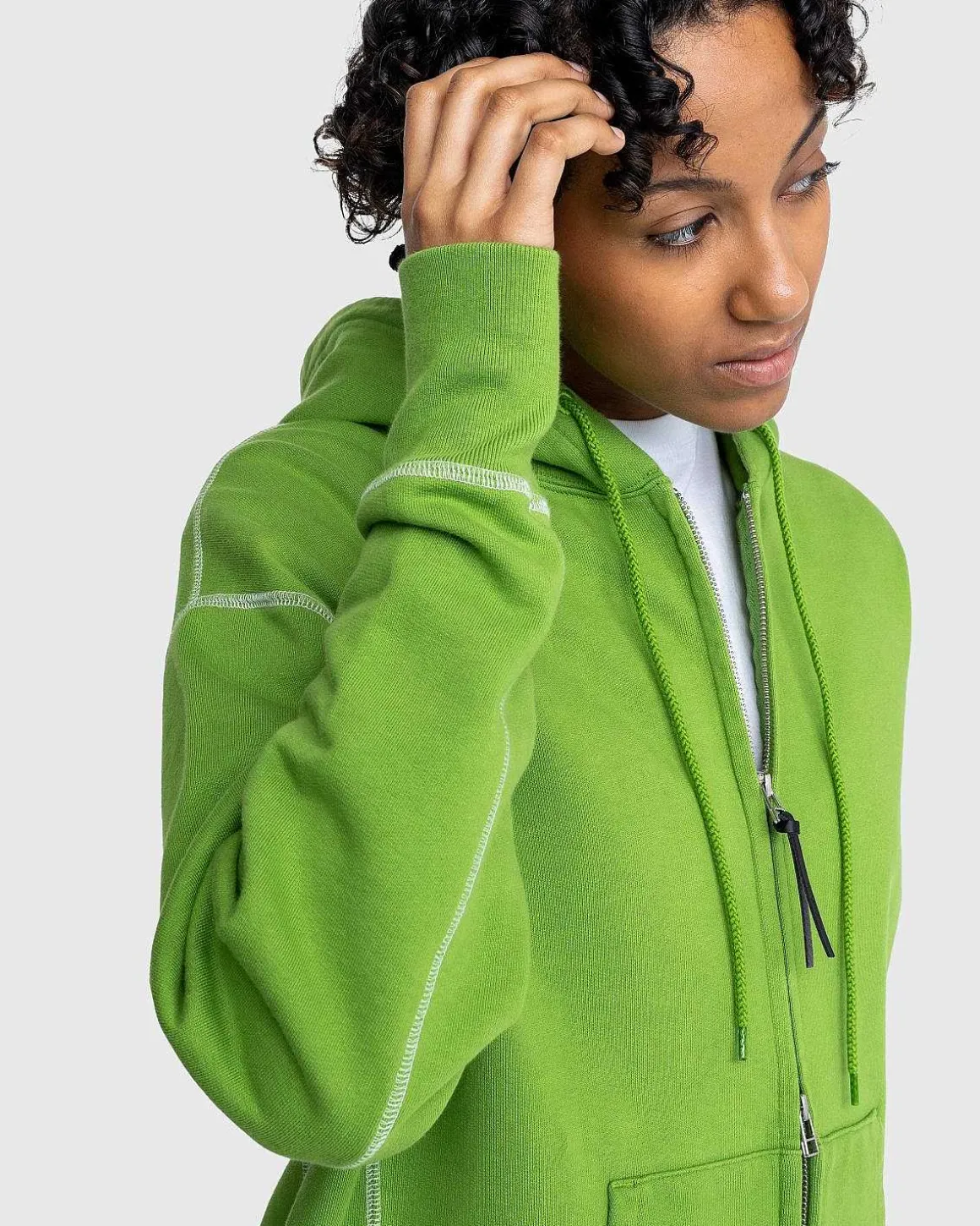 Kontrastsom Fleece-Haettetroje Med Lynlas, Gron