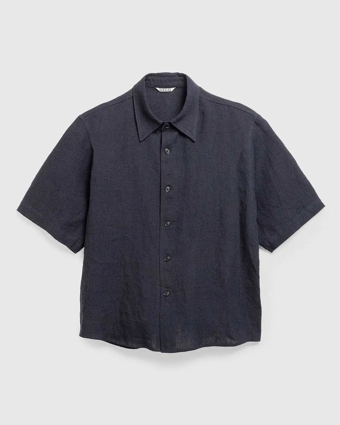 Linned Silke Tweed Halvaermet Skjorte Mork Navy