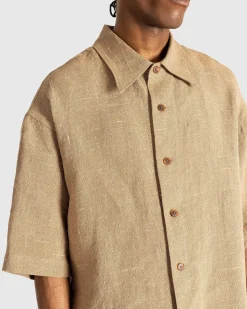 Linned Silke Tweed Halvaermet Skjorte Brun