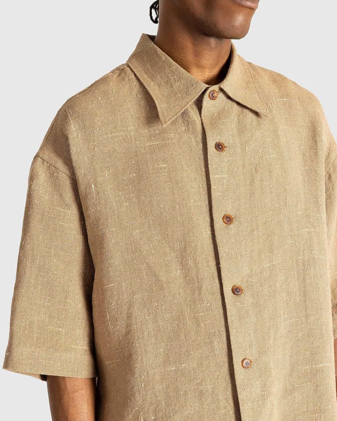 Linned Silke Tweed Halvaermet Skjorte Brun
