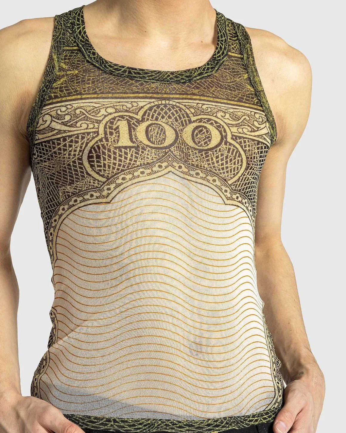 Mesh Tank Top Printet Cartouche Gron/Ecru/Sort/Orange