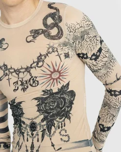 Trompe L'Oeil Tattoo Langaermet Top Nude/Gra/Sort